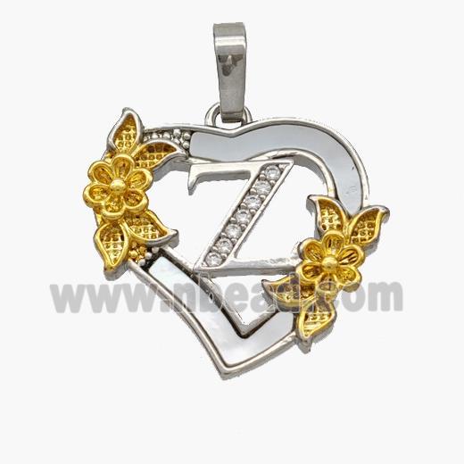 Copper Heart Pendant Pave Shell Zirconia Letter-Z Platinum Plated 18K Gold Flower