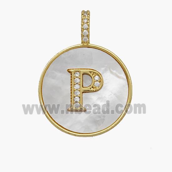 Copper Letter-P Pendant Pave Shell Zirconia Circle 18K Gold Plated