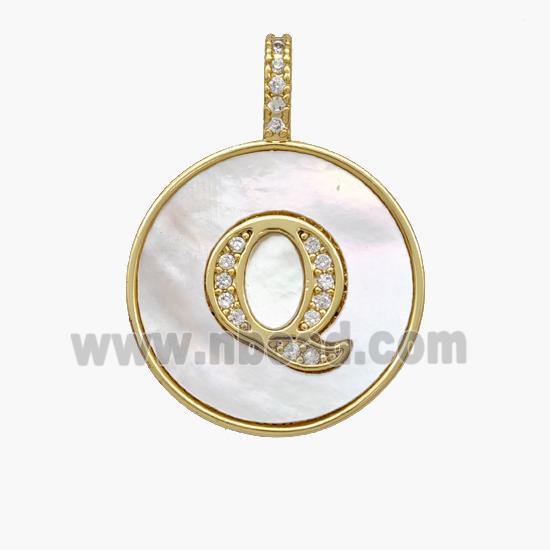 Copper Letter-Q Pendant Pave Shell Zirconia Circle 18K Gold Plated