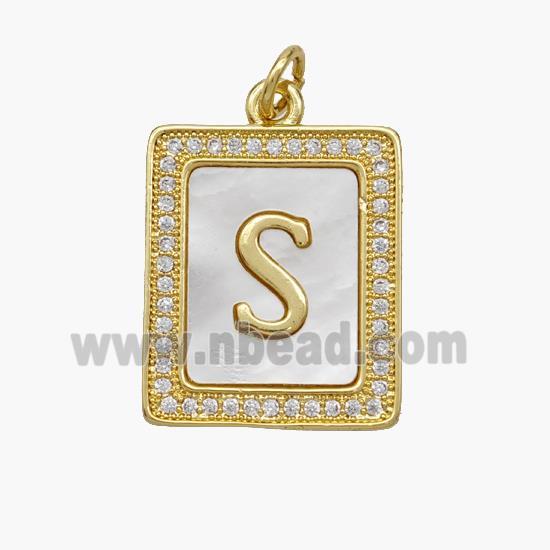 Copper Letter-S Pendant Pave Shell Zirconia Rectangle 18K Gold Plated