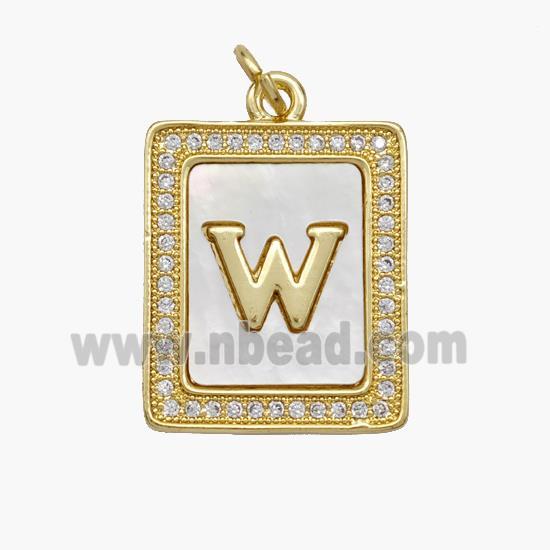 Copper Letter-W Pendant Pave Shell Zirconia Rectangle 18K Gold Plated