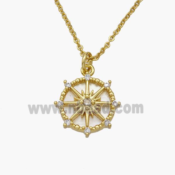 Copper Compass Necklace Pave Shell Gold Plated