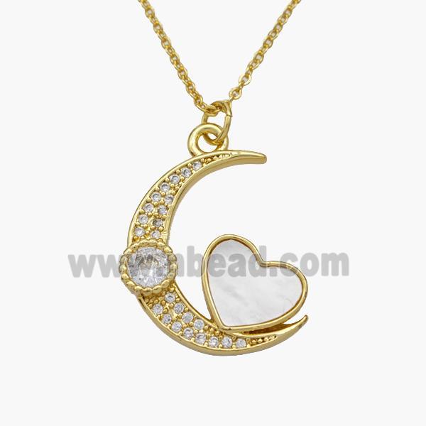 Copper Moon Heart Necklace Pave Shell Zirconia Gold Plated