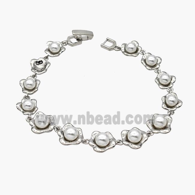 Copper Bracelet Pave Pearlized Resin Flower Platinum Plated