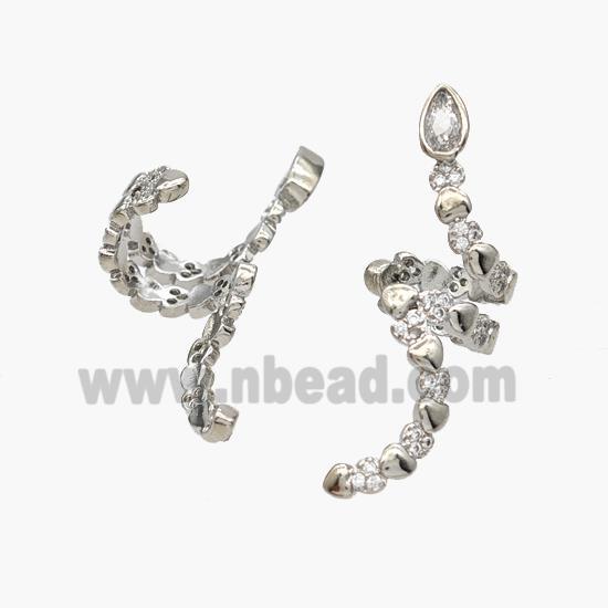 Copper Snake Clip Earrings Pave Zirconia Platinum Plated