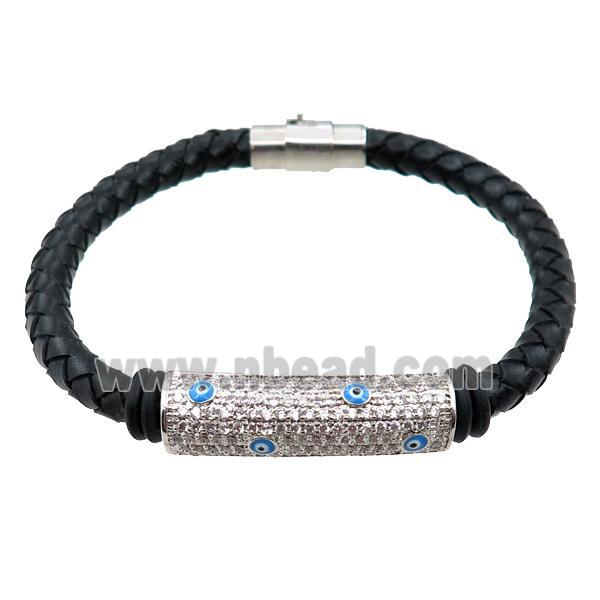 PU leather bracelets with magnetic clasp, copper tube beads pave zircon, evil eye