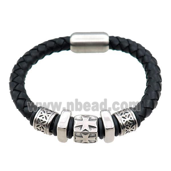 PU leather bracelet with magnetic clasp, stainless steel beads