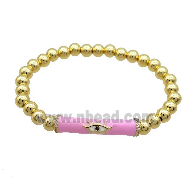 Copper Bracelet Pink Enamel Evil Eye Pave Zircon Stretchy Gold Plated