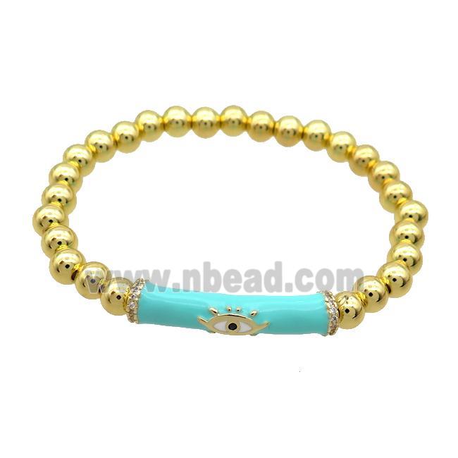 Copper Bracelet Green Enamel Evil Eye Pave Zircon Stretchy Gold Plated