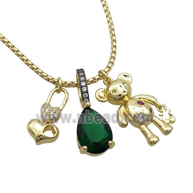 Copper Necklace LockHeart Bear Pave Zircon Crystal Glass Gold Plated