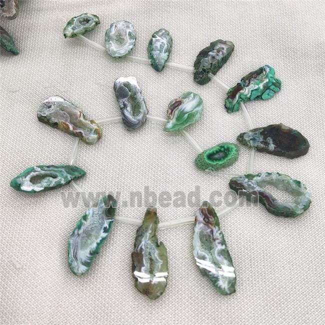 green Agate Geode Druzy slice beads, top-drilled