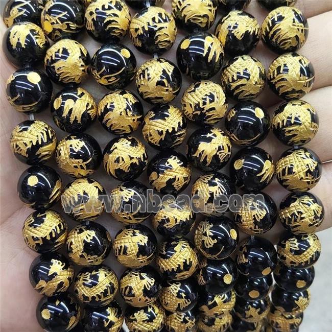 Natural Black Onyx Agate Beads Round Carved