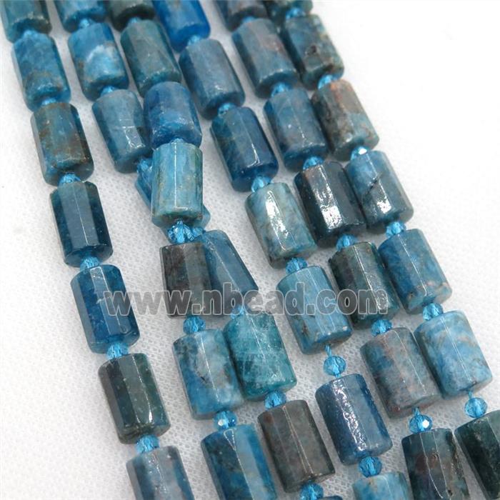 blue Apatite tube beads, faceted cylinder