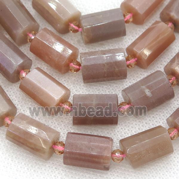 Peach Moonstone Column Beads Faceted Cylinder