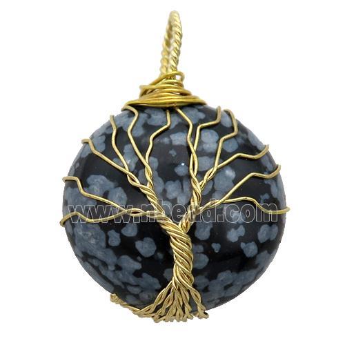 Snowflake Jasper pendant with wire wrapped, tree of life, gold plated