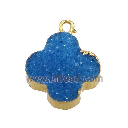 blue druzy agate clover pendant, gold plated