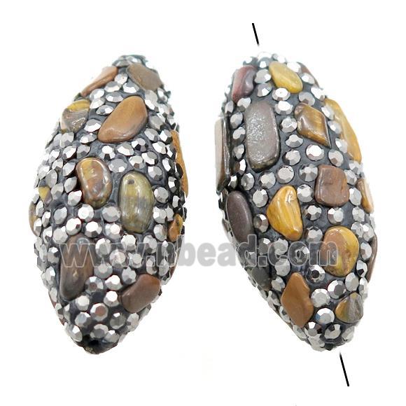 Clay rice beads paved rhinestone with tiger eye stone