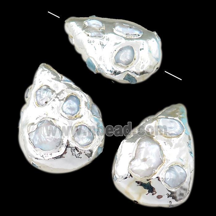 Cultured Pearl Beads, teardrop, silver plated