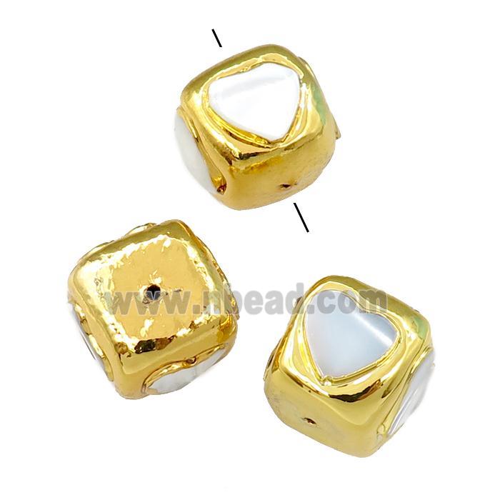 Mother of Pearl beads, cube, gold plated