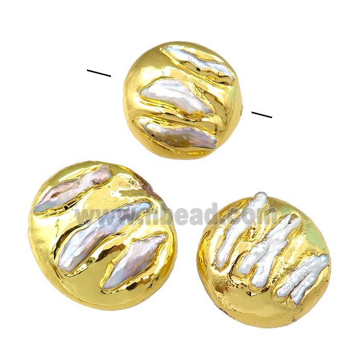 Cultured Pearl Beads, coin, gold plated