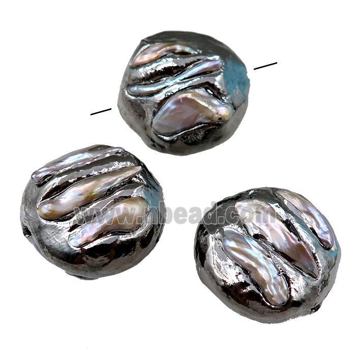 Cultured Pearl Beads, coin, black plated