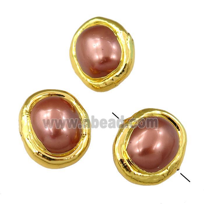 peach Pearlized Shell Beads, potato, gold plated