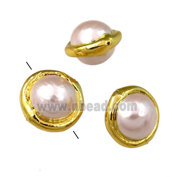 pink Pearlized Shell Beads, round, gold plated