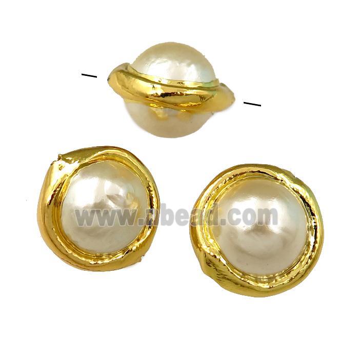 white Pearlized Shell Beads, round, gold plated