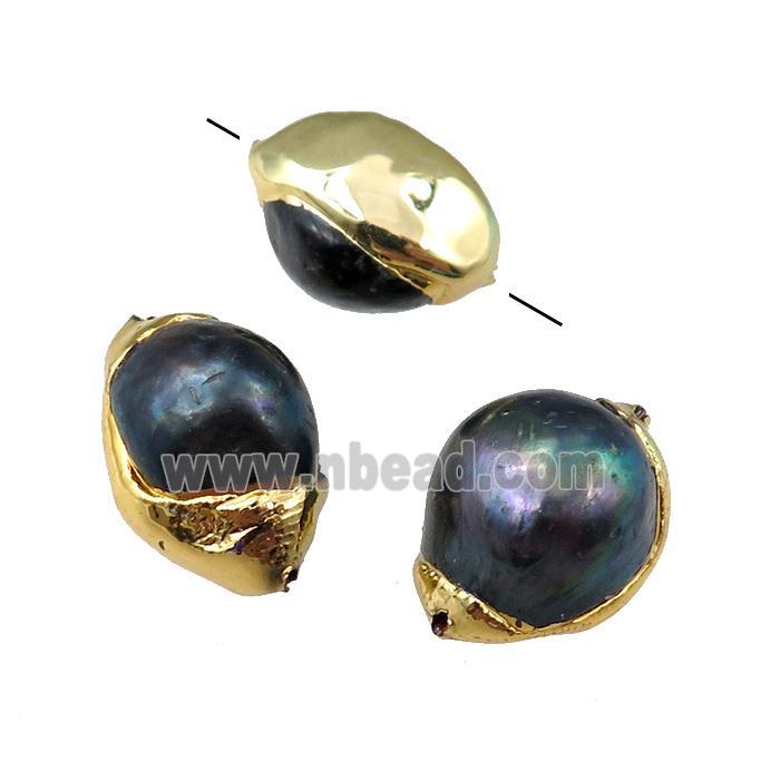black Cultured Pearl Beads, freeform, gold plated