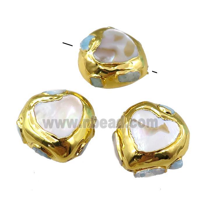 Pearlized Shell Beads, heart, gold plated