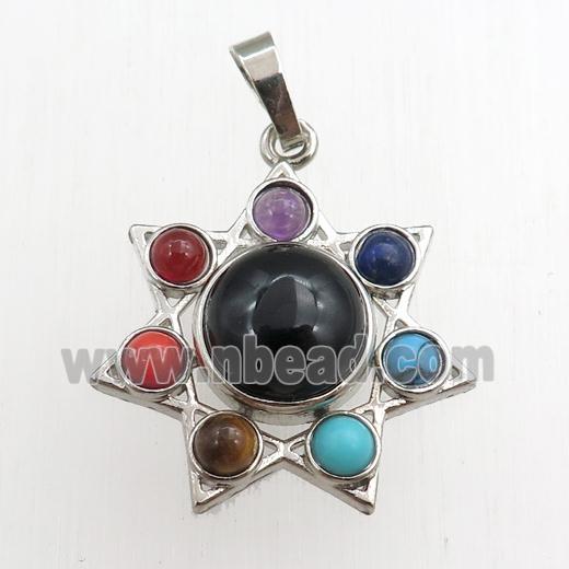 black onyx agate chakra pendant, platinum plated