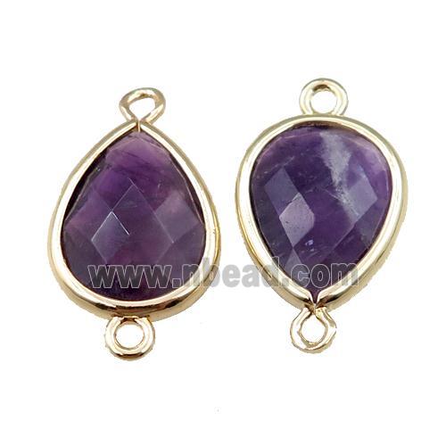 purple Amethyst connector, faceted teardrop, gold plated