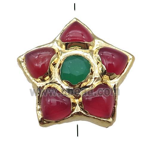 red carnelian agate flower beads, gold palted