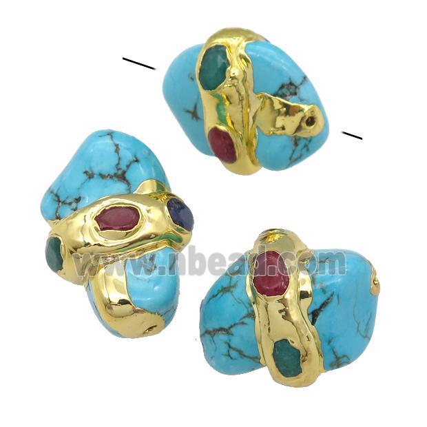 blue Magnesite Turquoise beads, freeform, gold plated