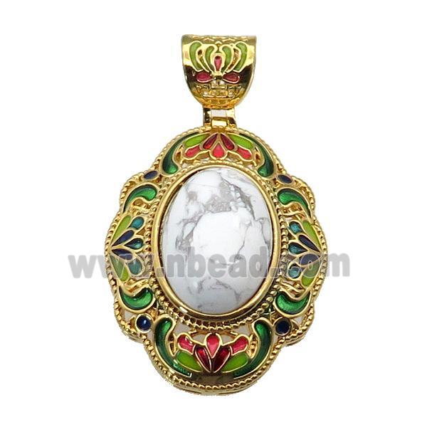 copper Oval pendant with white howlite, enamel, gold plated