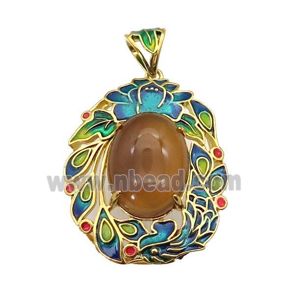 copper Oval pendant with carnelian, enamel, gold plated