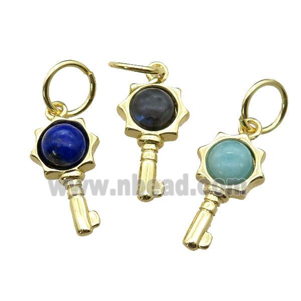 copper Key pendant pave gemstone, mixed, gold plated