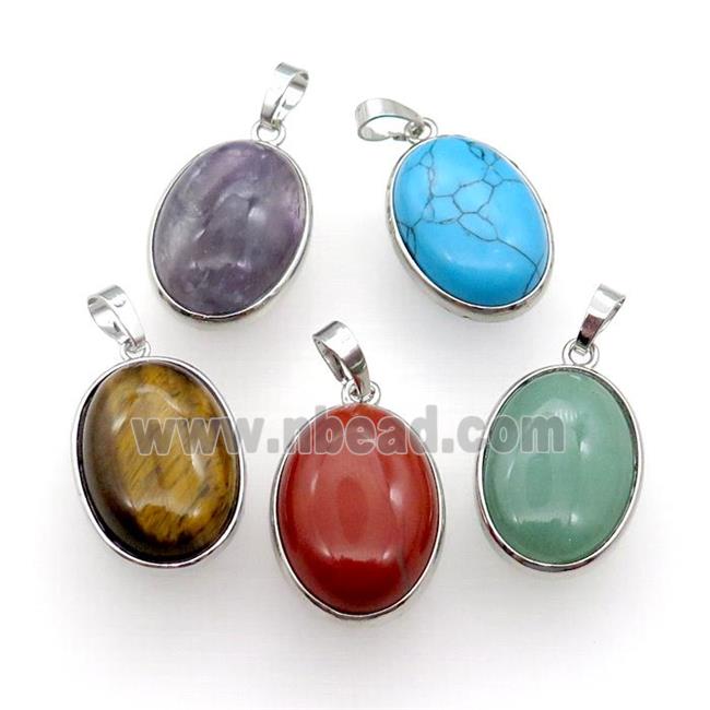 Mixed Gemstone Oval Pendant Platinum Plated