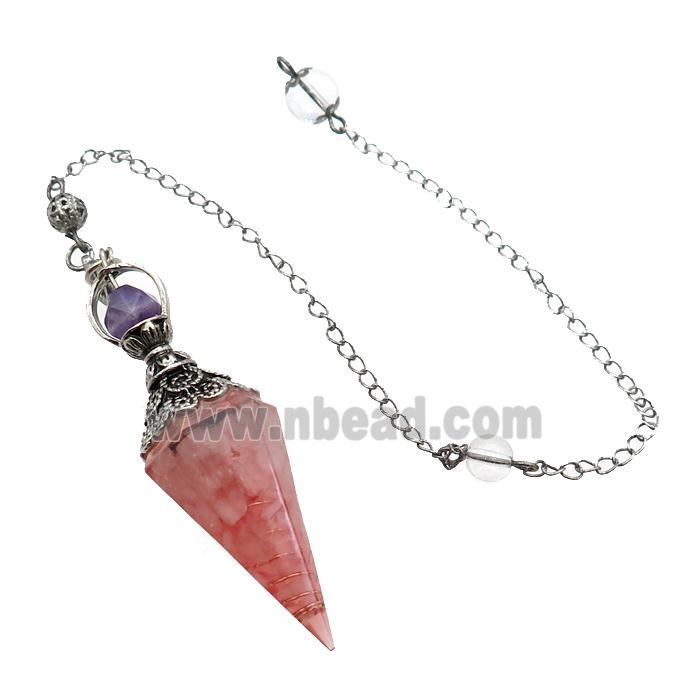Pink Rose Quartz Chips Resin Pendulum Pendant Antique Silver
