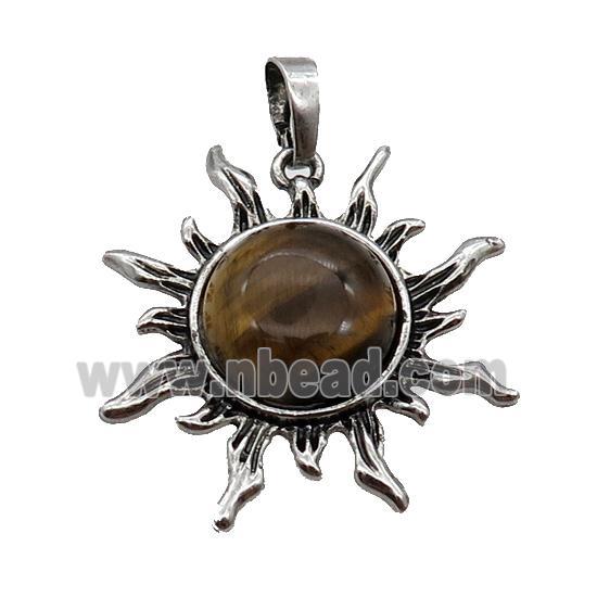 Tiger Eye Stone Sun Alloy Pendant Antique Silver