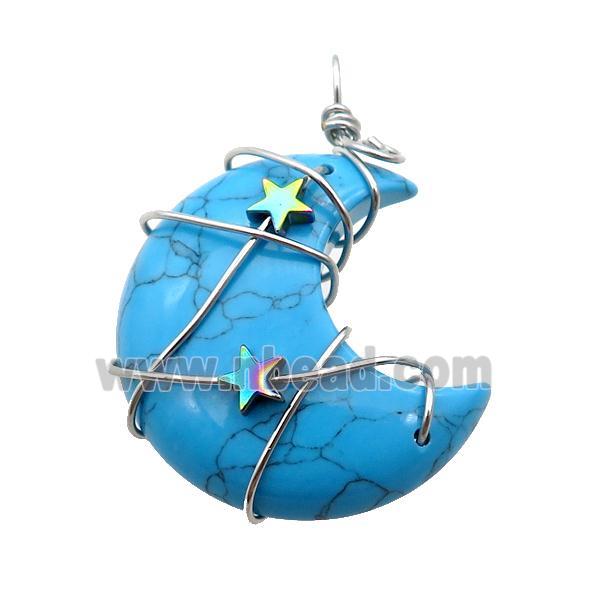 Blue Dye Turquoise Moon Pendant Wire Wrapped