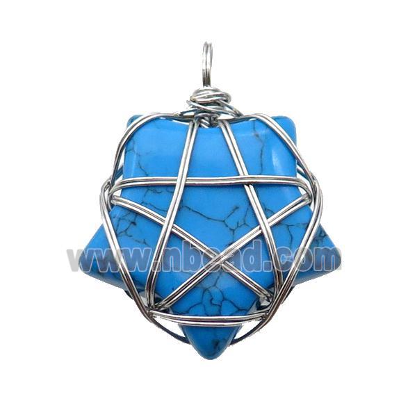 Blue Dye Turquoise Star Pendant Wire Wrapped