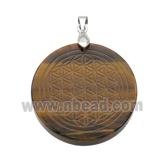 Tiger Eye Stone Circle Pendant Flower Of Life Craved