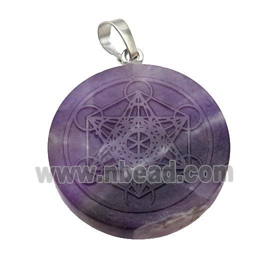 Purple Amethyst Circle Pendant Metatrons Cube Craved