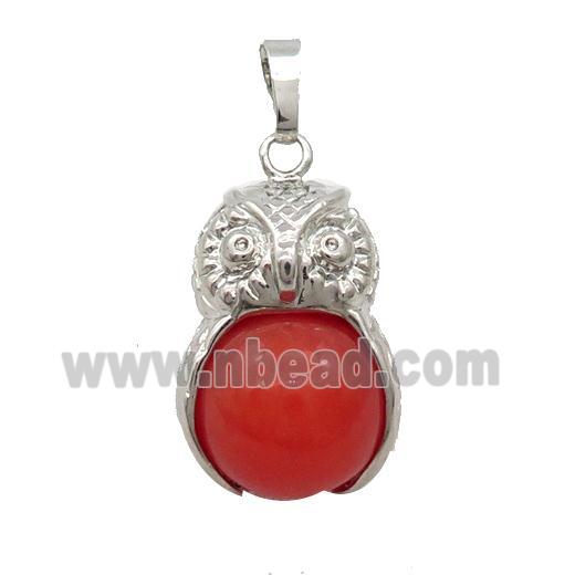 Red Dye Agate Owl Alloy Pendant