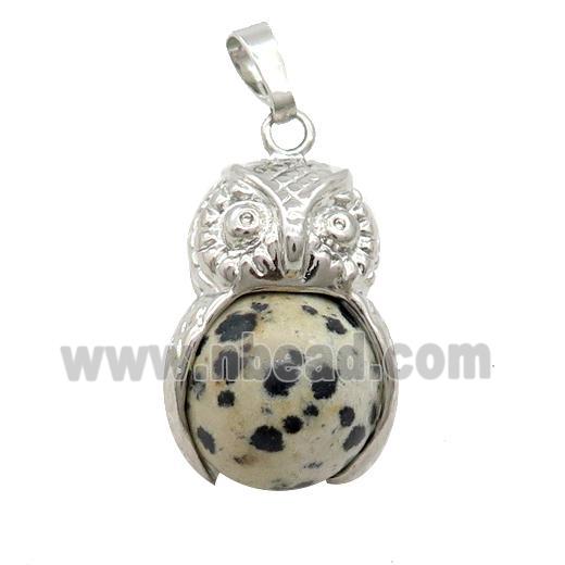 Black Dalmatian Jasper Owl Alloy Pendant