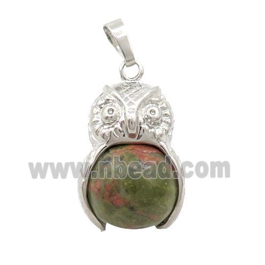 Unakite Owl Alloy Pendant