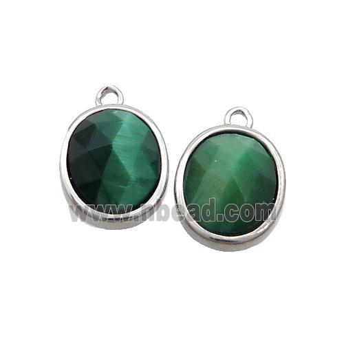 Green Tiger Eye Stone Oval Pendant Platinum Plated
