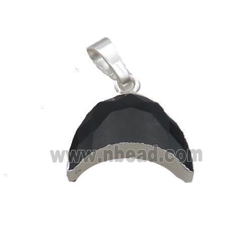 Natural Black Agate Moon Pendant Shiny Silver