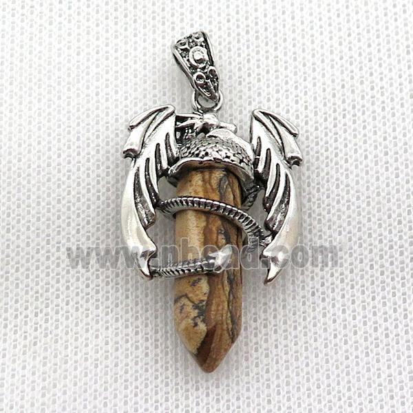 Alloy Dragon Pendant Pave Picture Jasper Antique Silver